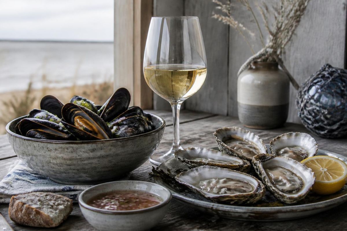 Muslinger og &oslash;sters med et glas t&oslash;r hvidvin