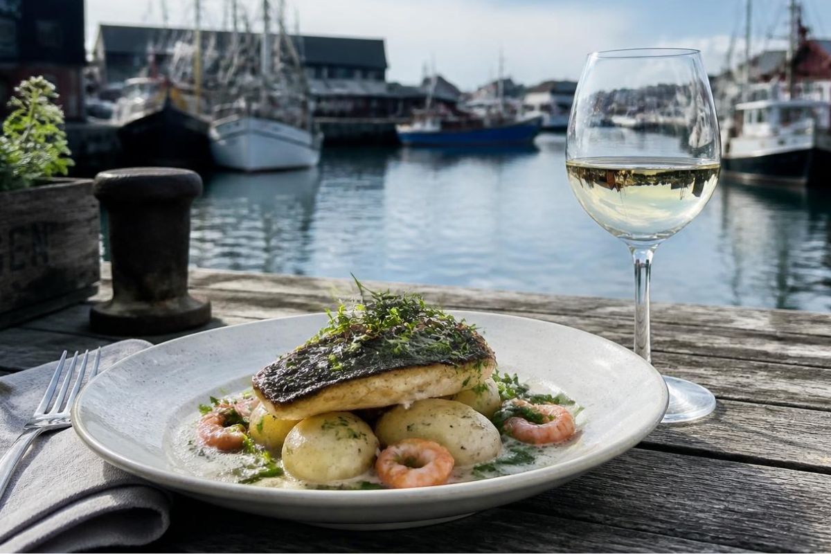 Fisk fra havnen i Hals serveret med hvidvin