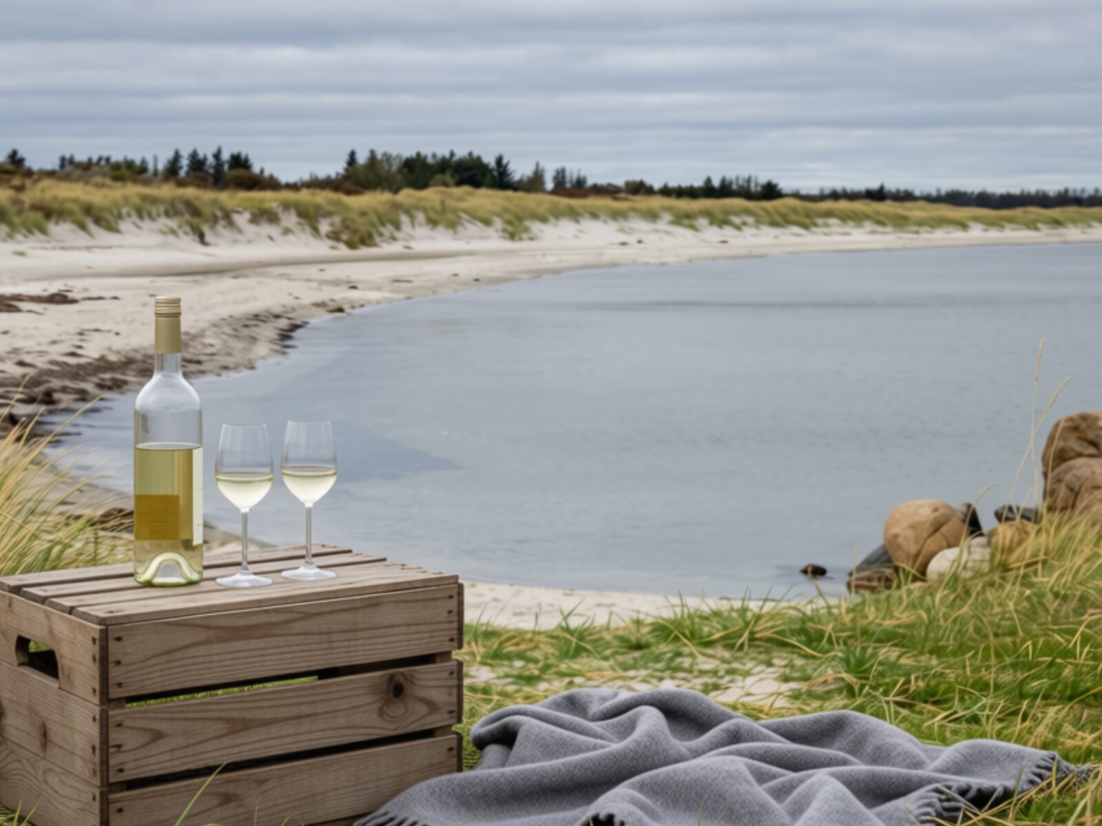 Hvidvin og to glas p&aring; en fiskekasse i klitterne ved stranden i Hou